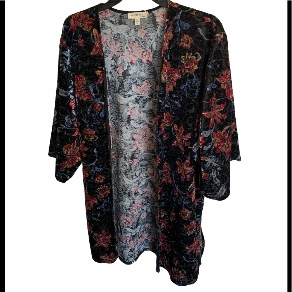 Monteau Women’s Black Floral Velvet Open Kimono